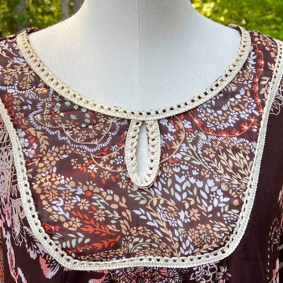 Boho Floral Women's Peasant Top - Brown Size XL - Picture 3 of 10
